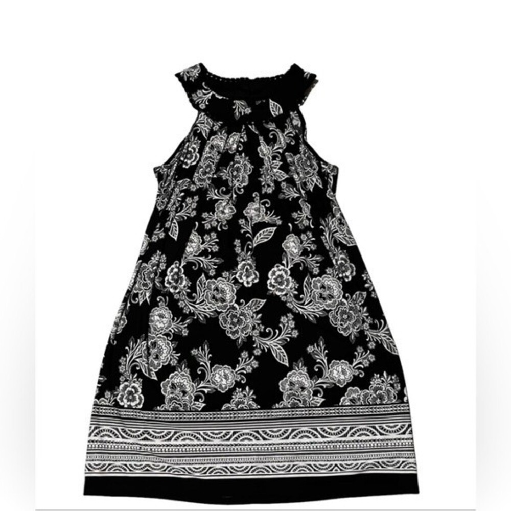 Three Pink Hearts Floral Halter Shift Dress Size Small Black White Keyhole